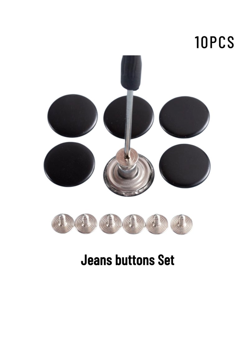 Jeans Buttons Set Removable No-Sew, Adjustable Screw Denim Snap Buttons for Waist Tightening & Repair, Reusable Metal Jean Buttons with Screwdriver(10PCS, Black) - Image 1